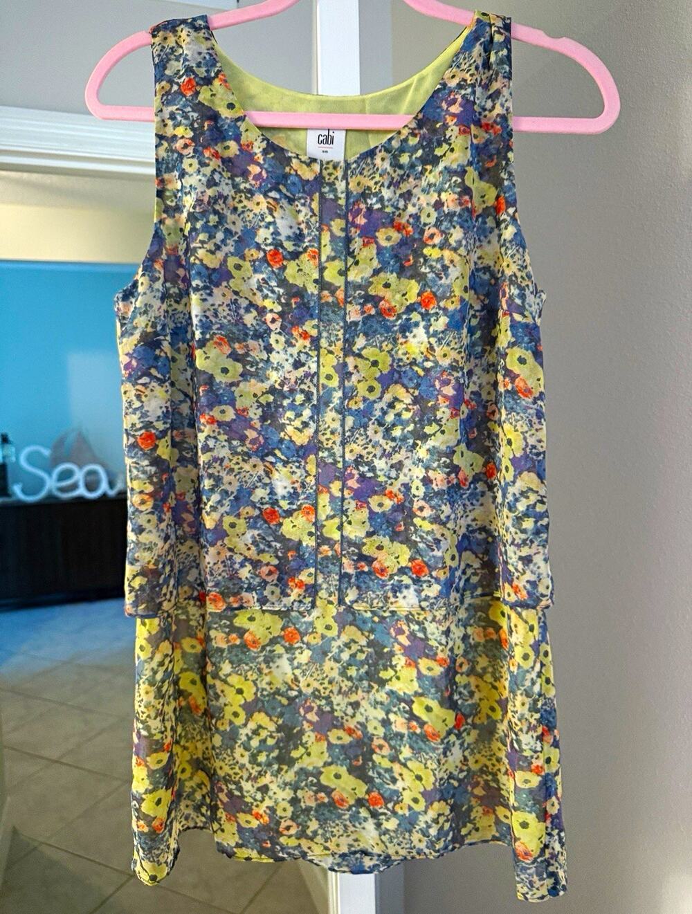 CAbi Women's S Multicolor Floral Scoop Neck Cold Shoulder Sheer Chiffon Blouse